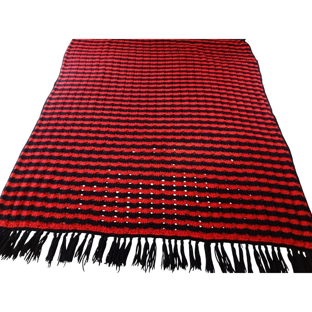 Handmade Crochet Throw Blanket Red Black Striped Fringed